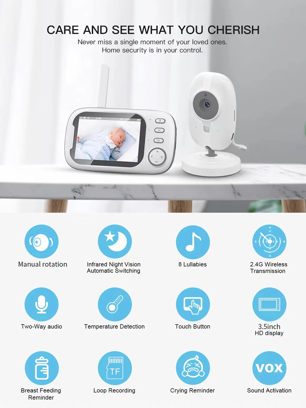 3.5 inch Wireless Video Baby Monitor Night Vision Temperature Monitoring 2 Way Audio Talk Baby Nanny Security Camera